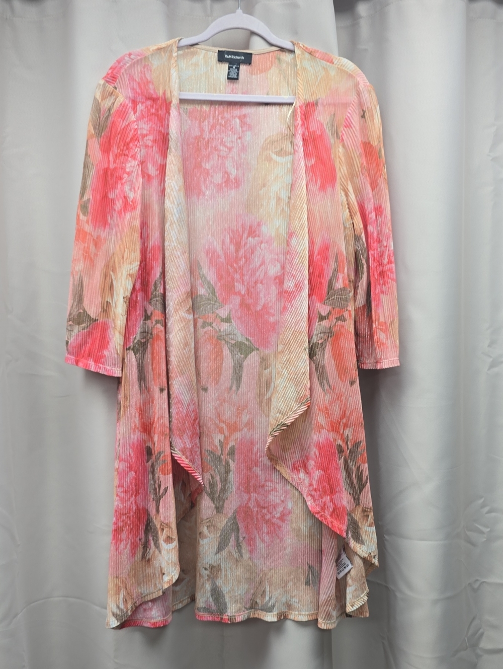 R&M Richards Pink Coral Floral Watercolor Drape Cardigan